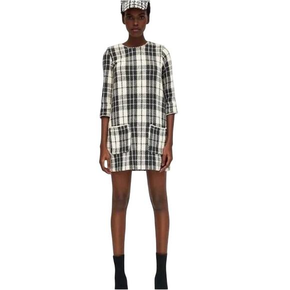 Zara Trafaluc Plaid Tweed Boucle Dress Pocket Black & White Classic Modern Retro - Picture 1 of 7